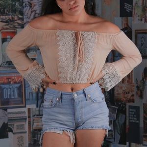 Light pink nude off the shoulder peasant crop top